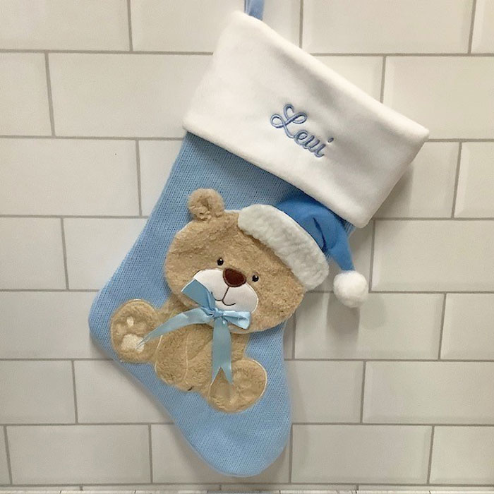 Personalised Blue Teddy Knitted Christmas Stocking