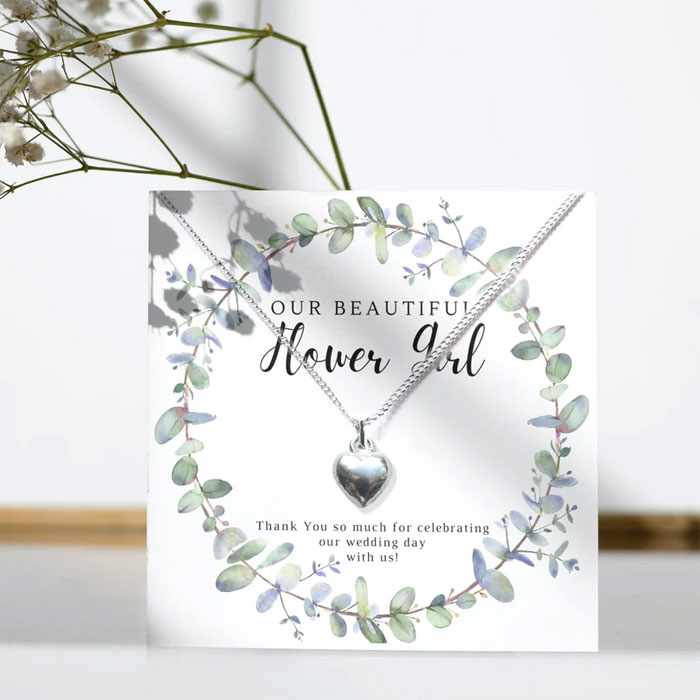 Flower Girl Heart Necklace and Eucalyptus Thank You Card