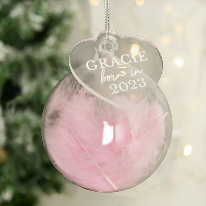 Personalised Baby Pink Feather Glass Bauble With Heart Tag