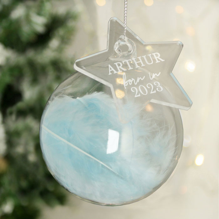 Personalised Blue Born In Feather Glass Bauble With Star Tag