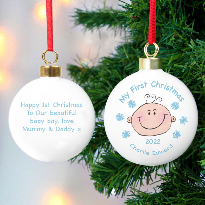 Boys My 1st Christmas Cheeky Face Personalised Bauble Blue
