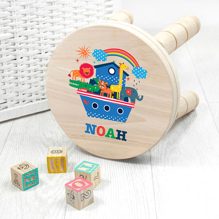 Kids Personalised Noahs Ark Wooden Christening Stool