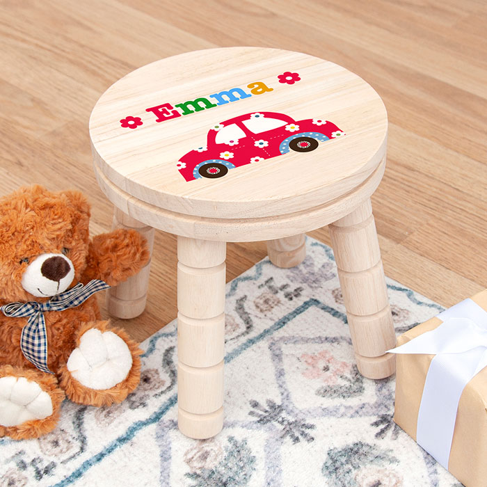Girls Personalised Red Car Wooden Stool