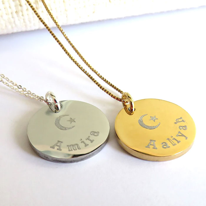 Personalised Eid Engraved Disc Necklace Silver or Gold