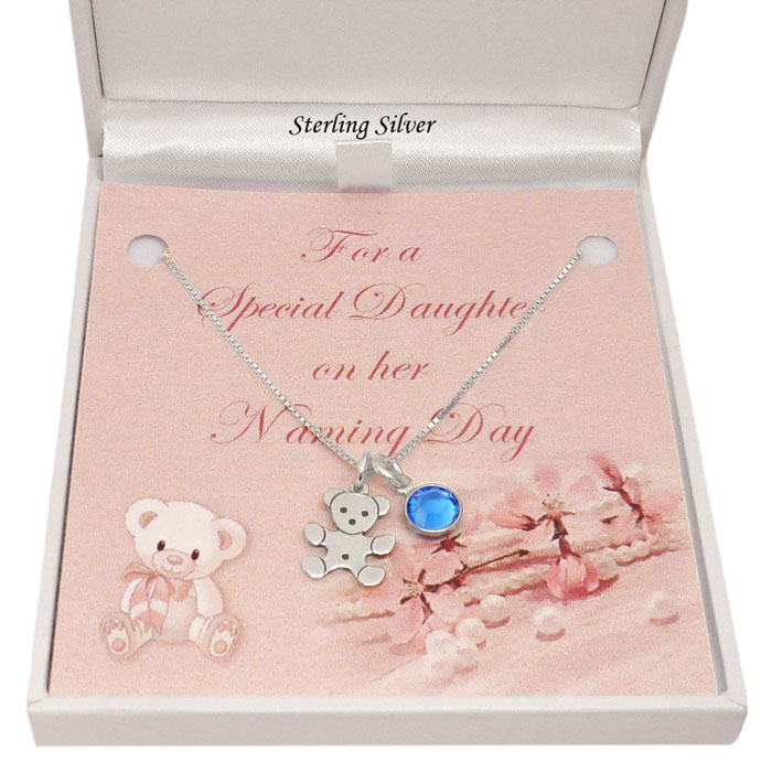Teddy Bear Sterling Silver Birthstone Naming Day Necklace