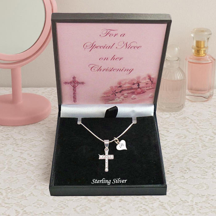 Personalised Silver Crystal Christening Cross Necklace