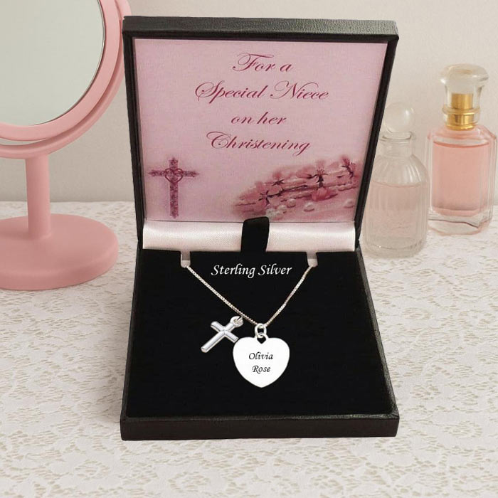 Engraved Silver Christening Day Necklace Heart & Cross