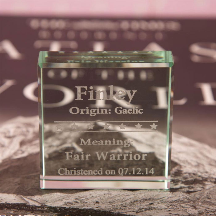 Engraved Jade Glass Block with Baby Name Meaning