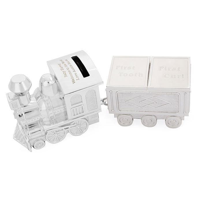 Engraved Train Moneybox with Tooth and Curl Trinket