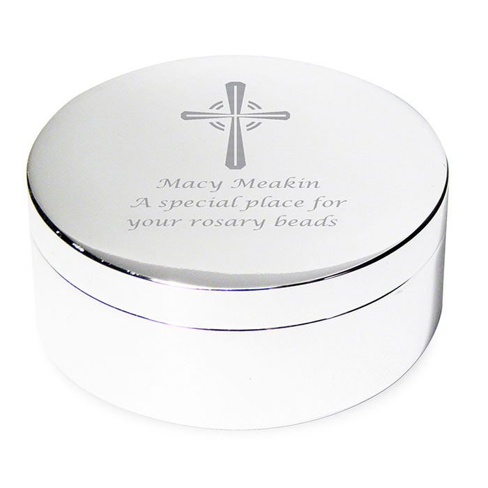 Engraved Silver Cross Rosary Bead Trinket Box