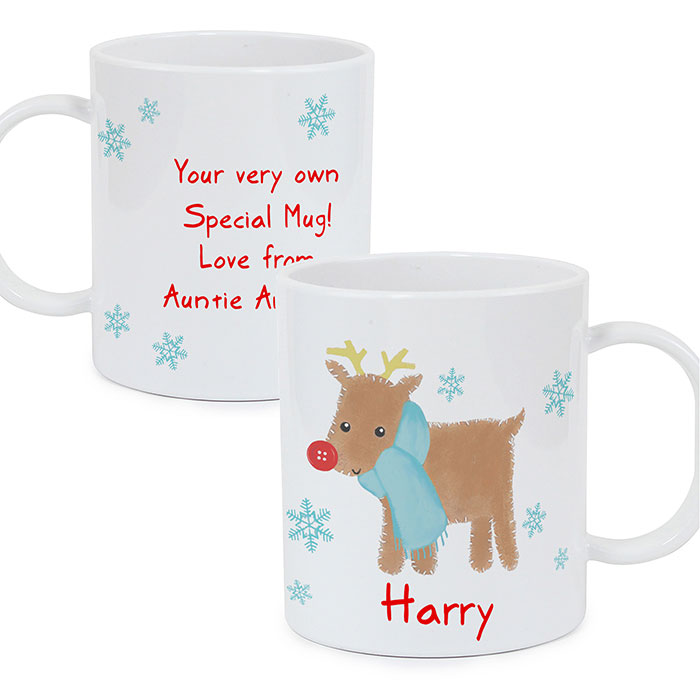 Personalised Felt Stitch Reindeer Plastic Mug