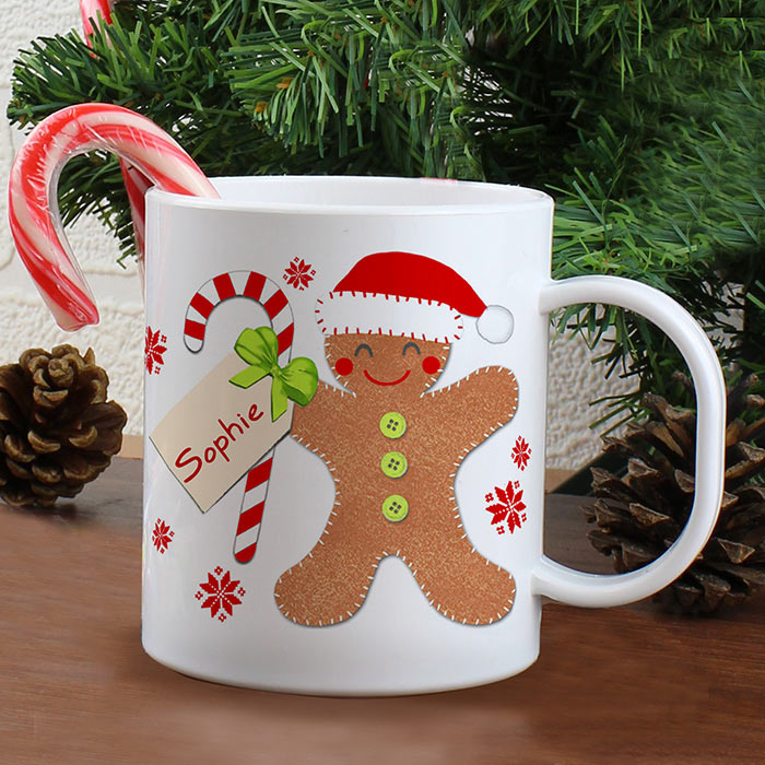 Felt Stitch Gingerbread Man Personalised Plastic Mug