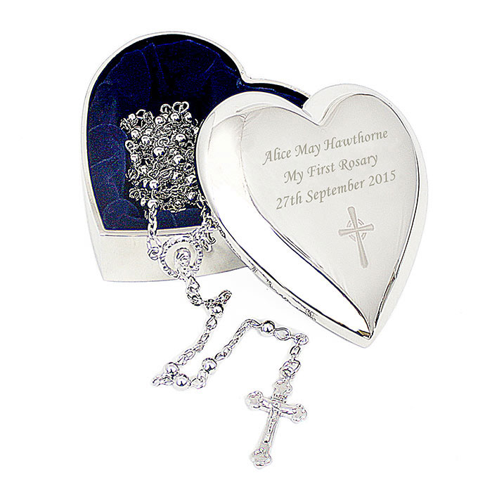 Rosary Beads and Engraved Cross Heart Trinket Box