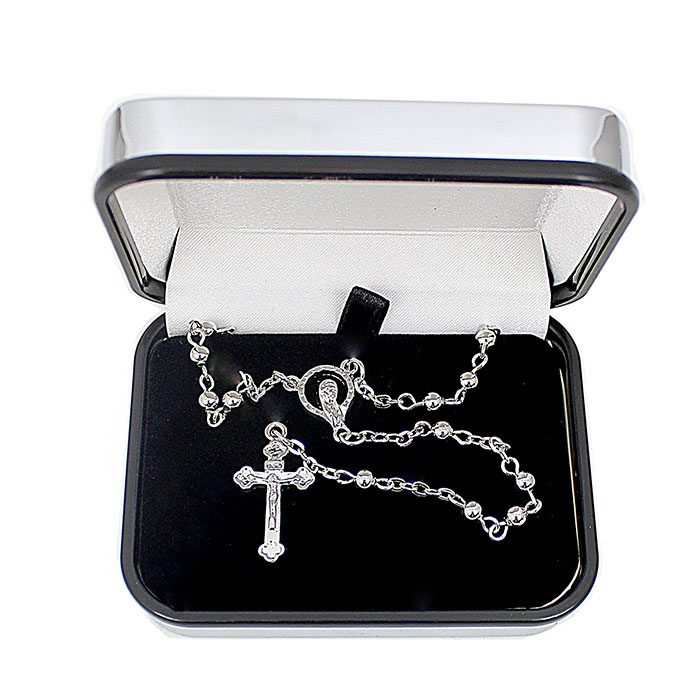 Rosary Beads and Engraved Hinged Cross Pendant Box
