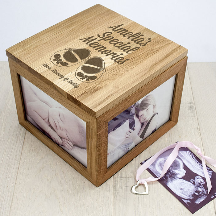 Personalised Baby Shoes Oak Photo Keepsake Box