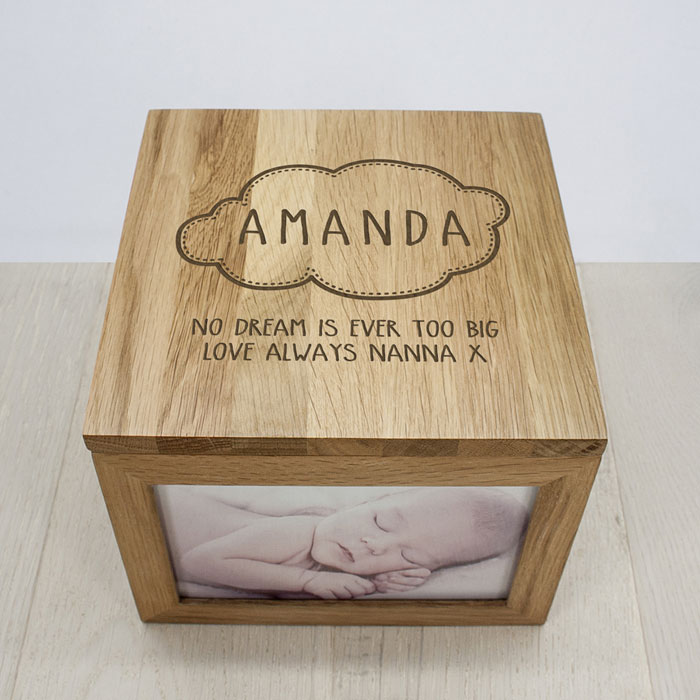 Personalised Baby Name in Cloud Oak Photo Keepsake Box
