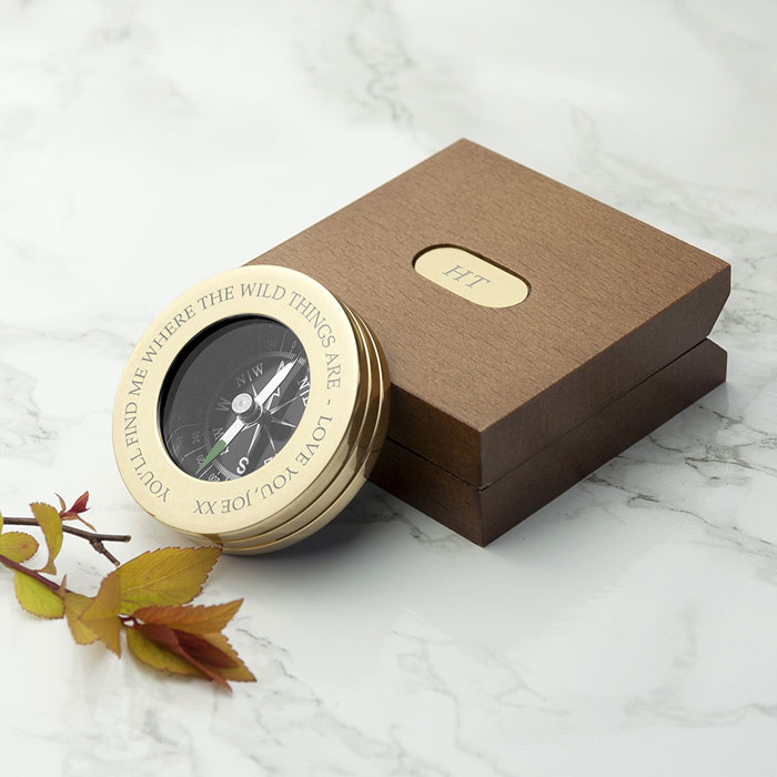 Personalised Brass Travellers Compass in Wooden Box