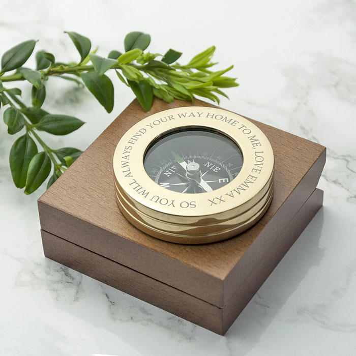Personalised Brass Travellers Compass in Wooden Box