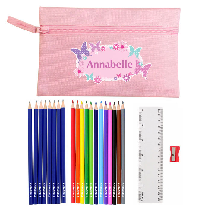 Personalised Pink Butterfly Pencil Case and Contents