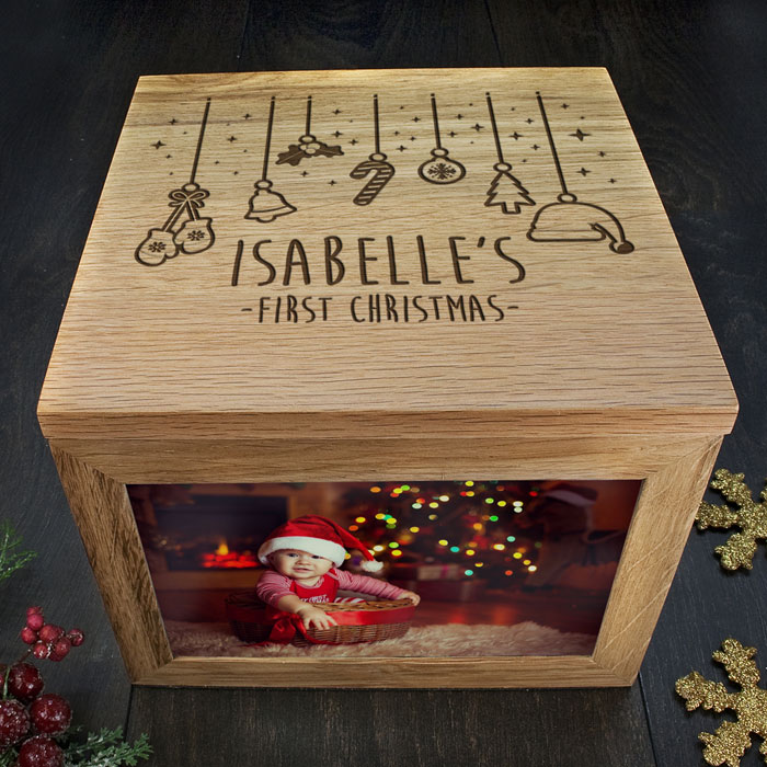 Solid Oak Personalised Babys First Christmas Memory Box
