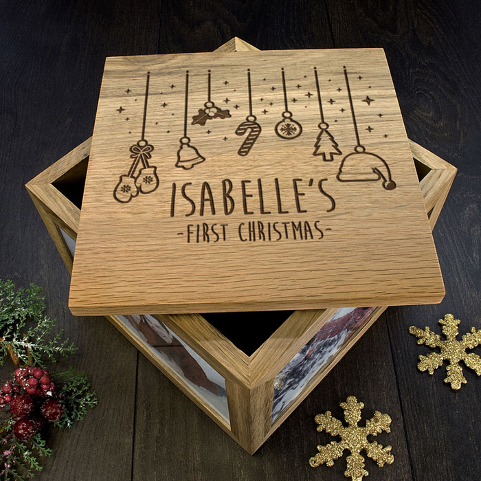 Solid Oak Personalised Babys First Christmas Memory Box