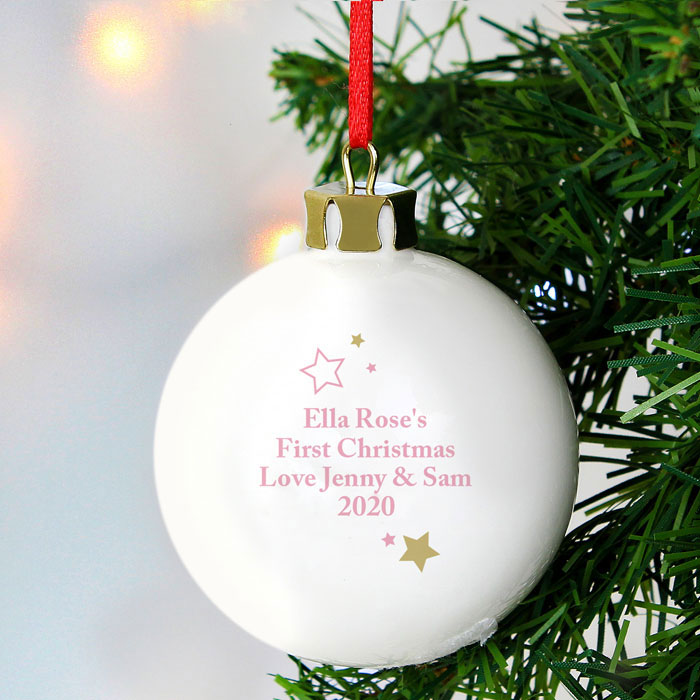 Personalised Pink and Gold Stars My 1st Christmas Bauble