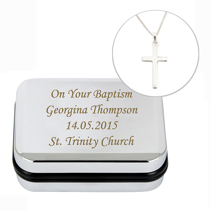 Personalised Box with Silver Cross Necklace Any Text