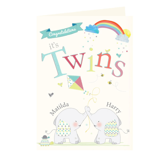 Personalised Hessian Elephant Twins Card Free Postage