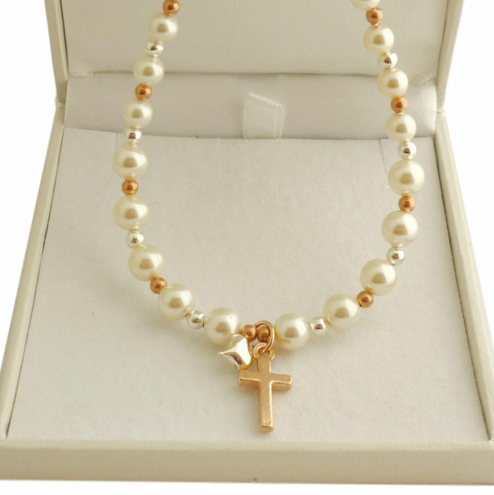 Rose Gold Silver and Ivory Swarovski Pearl Cross Necklace