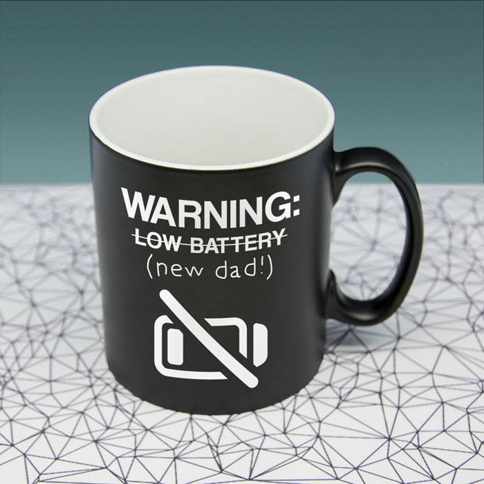 Personalised Warning Low Battery New Dad Black Matte Mug