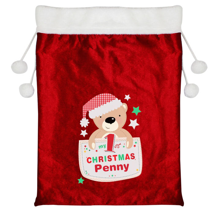 Personalised Pocket Teddy My 1st Christmas Santa Sack