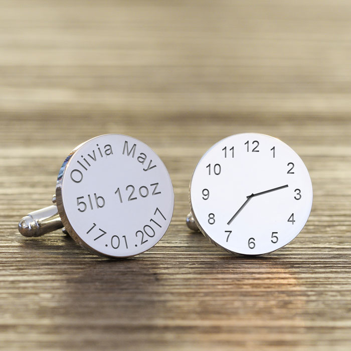 Personalised New Baby Silver Finish Clock Cufflinks