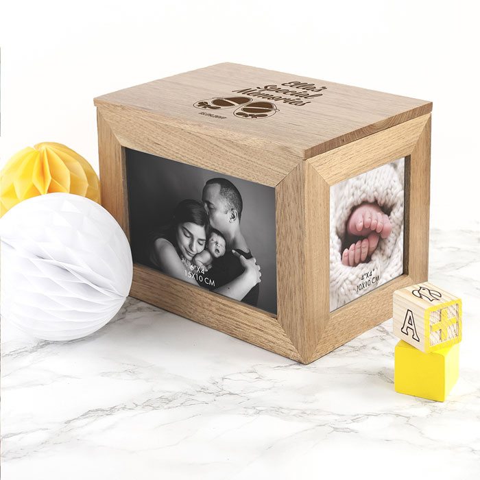 Personalised Baby Shoes Midi Oak Photo Cube Keepsake Box