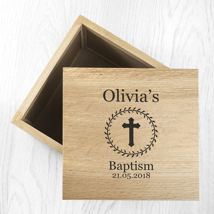 Personalised Christening Baptism Cross Oak Photo Cube Box