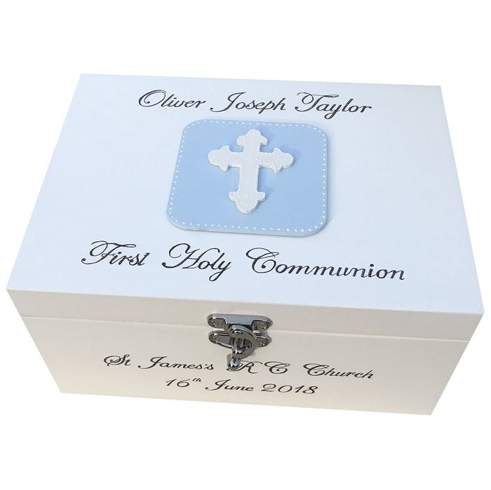 Boys Personalised First Communion Keepsake Box With Cross