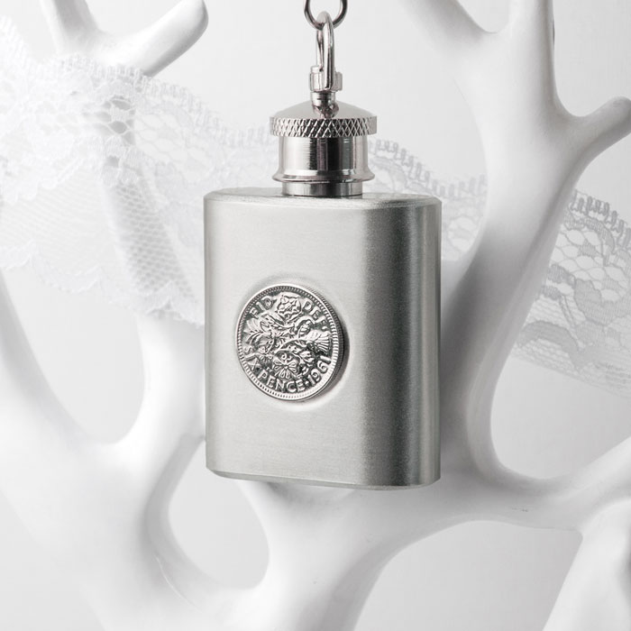 Personalised Silver Plated Lucky Sixpence Mini Hip Flask