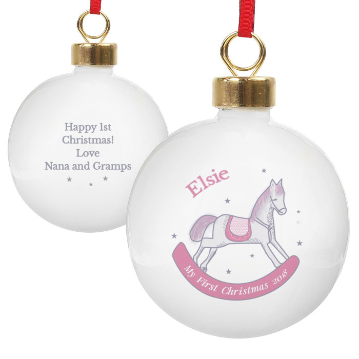 Personalised 1st Christmas Pink Rocking Horse Ceramic Bauble