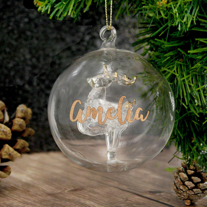 Personalised Gold Glitter Name Only Reindeer Glass Bauble