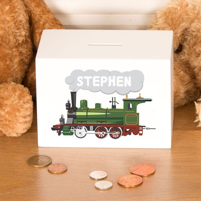 Traditional Personalised Wooden Steam Train Money Box