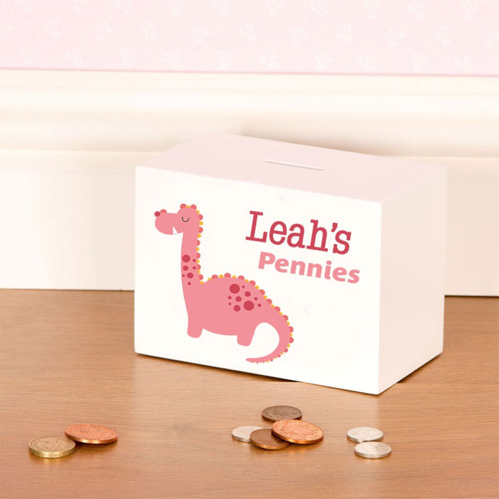 Girls Personalised Pink Dinosaur Wooden Money Box