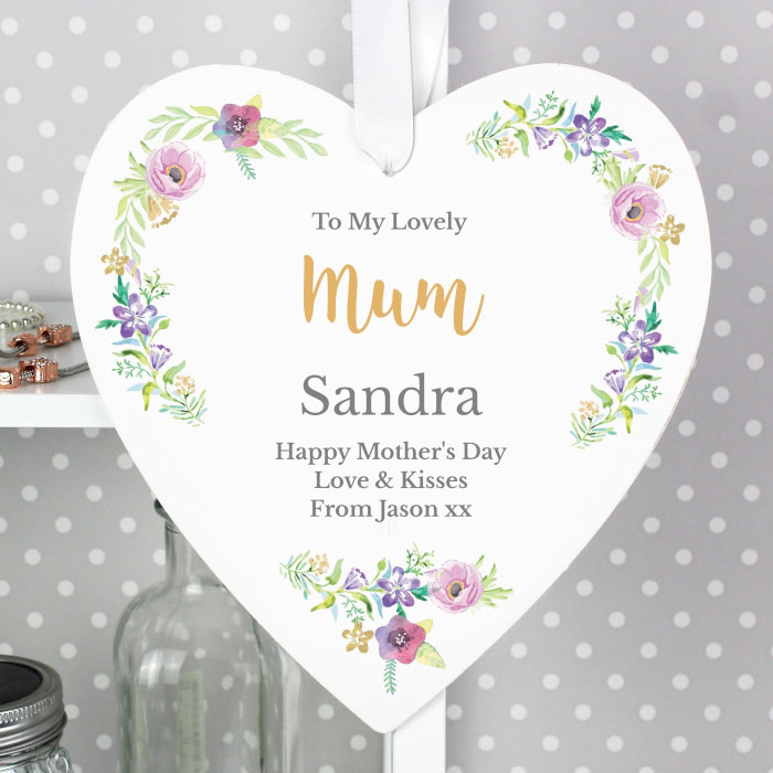 Personalised Floral Watercolour Large Wooden Heart