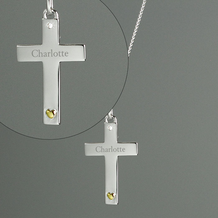 Personalised Sterling Silver Cross Necklace with Gold Heart