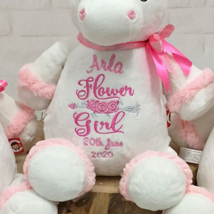 Personalised Flower Girl White Unicorn Teddy Bear