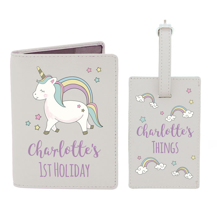 Personalised Baby Unicorn Passport Holder & Luggage Tag Set
