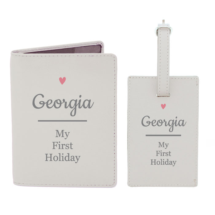 Personalised Pink Heart Cream Passport Holder & Luggage Tag