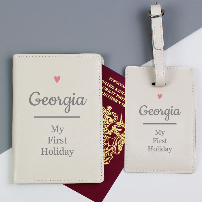 Personalised Pink Heart Cream Passport Holder & Luggage Tag