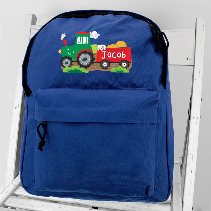 Personalised Boys Blue Tractor Backpack School Bag