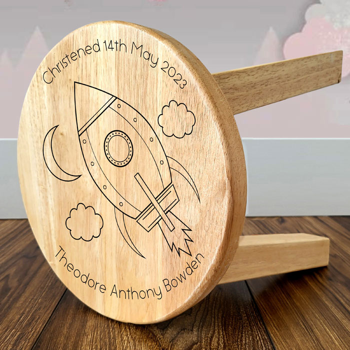 Personalised Space Rocket Engraved Kids Wooden Stool