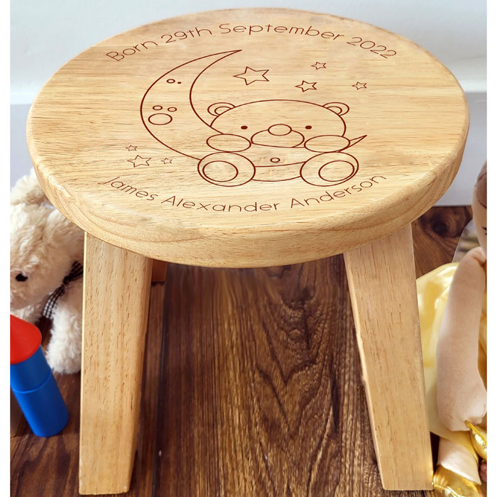 Personalised Baby Bear and Moon Childrens Wooden Stool