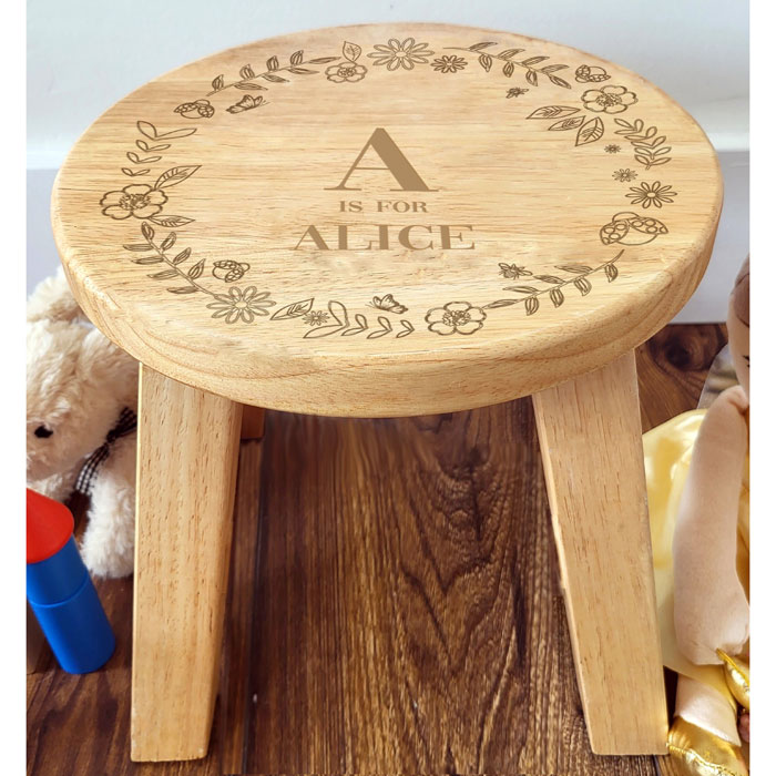 Personalised Engraved Girls Wooden Initial Name Stool
